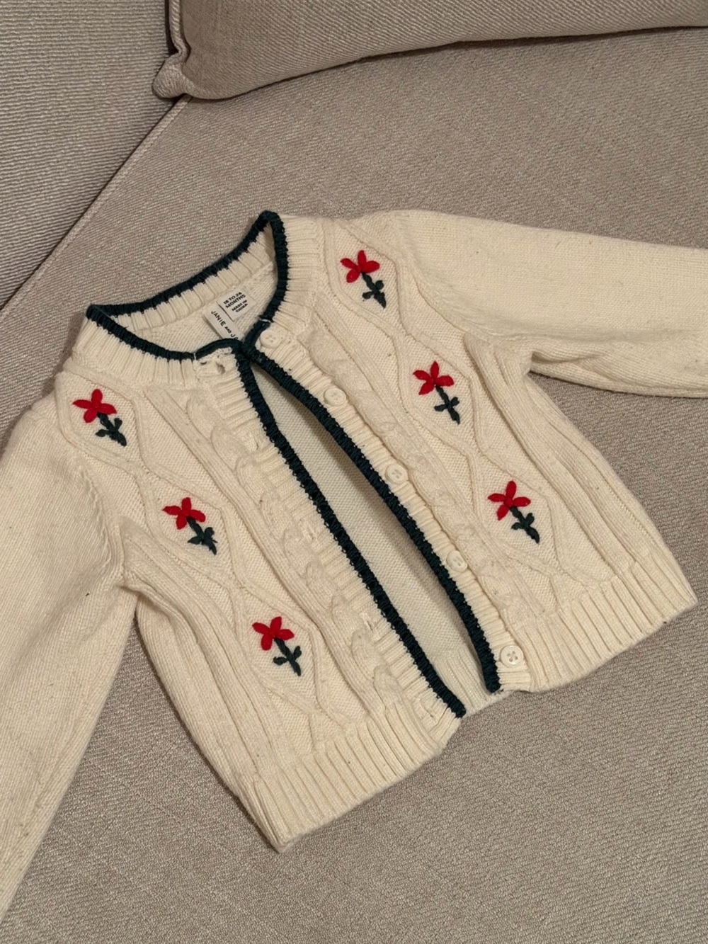 Janie and Jack Cream Cardigan with Red Floral Embroidery and Dark Green Trim